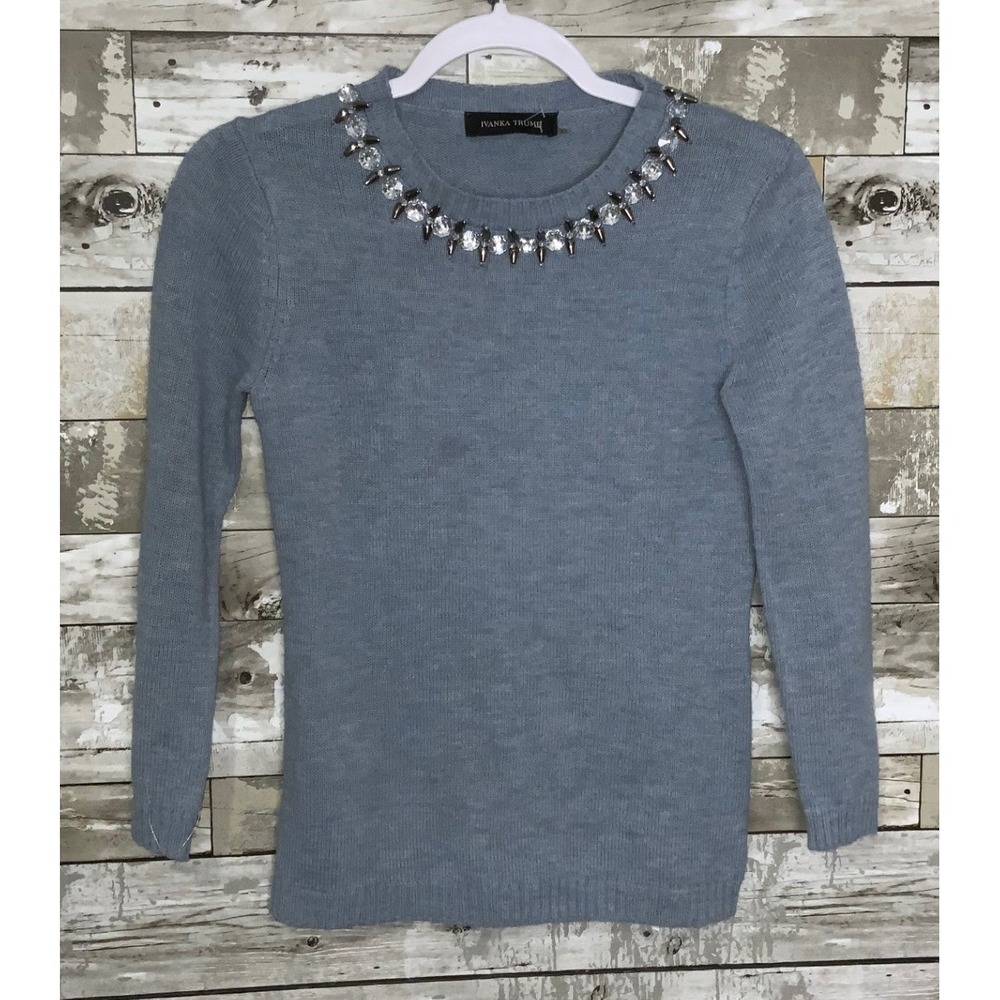 Ivanka Trump‎ Womens Blue Pullover Sweater Jeweled Neckline Size XS